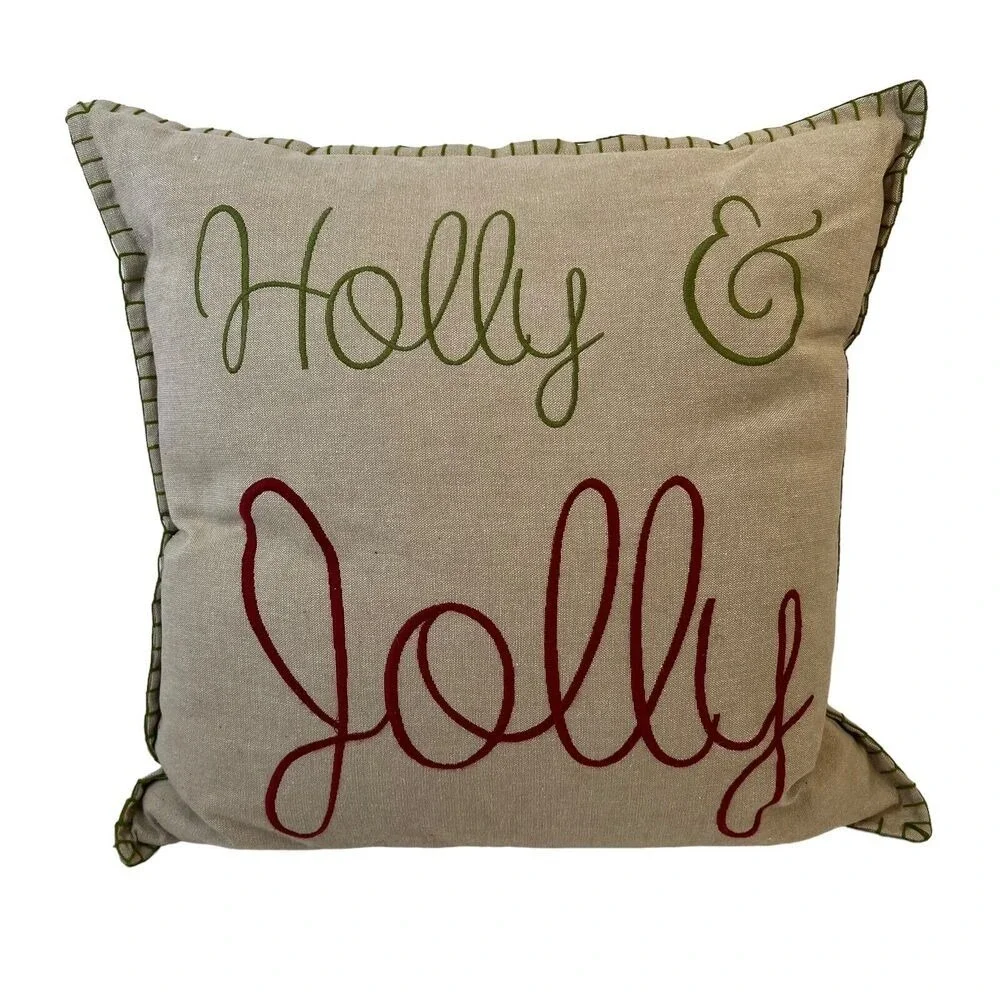 Holly Jolly Christmas Cotton Throw Toss Pillow Embroidered Khaki Green‎ Crimson